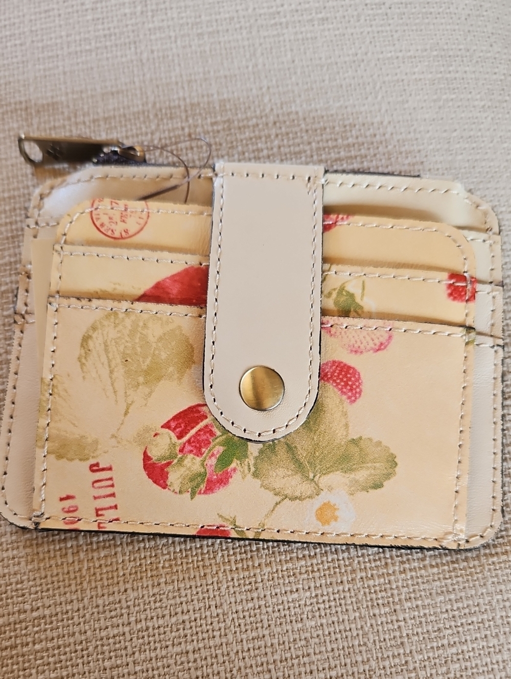 Patricia Nash Cream Strawberry Floral Leather Cassis ID/Card Case with Snap